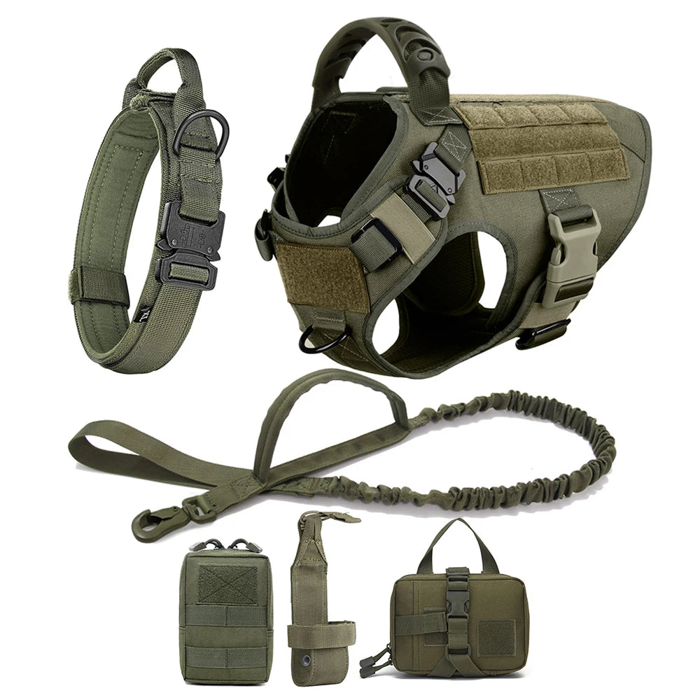 Large Dog Harness Collar Leash Molle Pouches