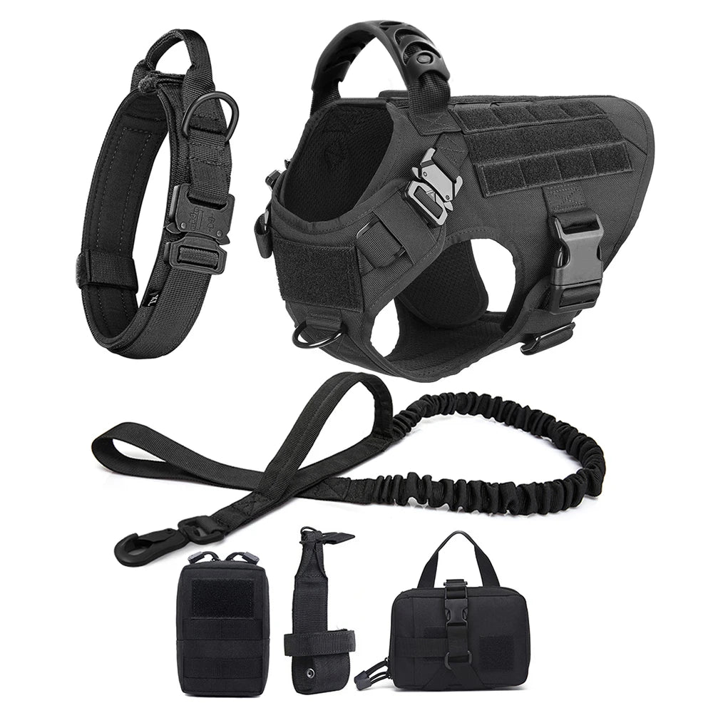 Large Dog Harness Collar Leash Molle Pouches
