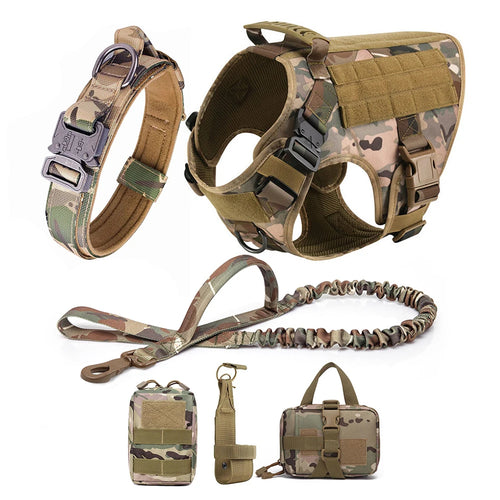 Large Dog Harness Collar Leash Molle Pouches