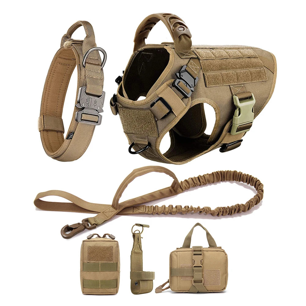 Large Dog Harness Collar Leash Molle Pouches