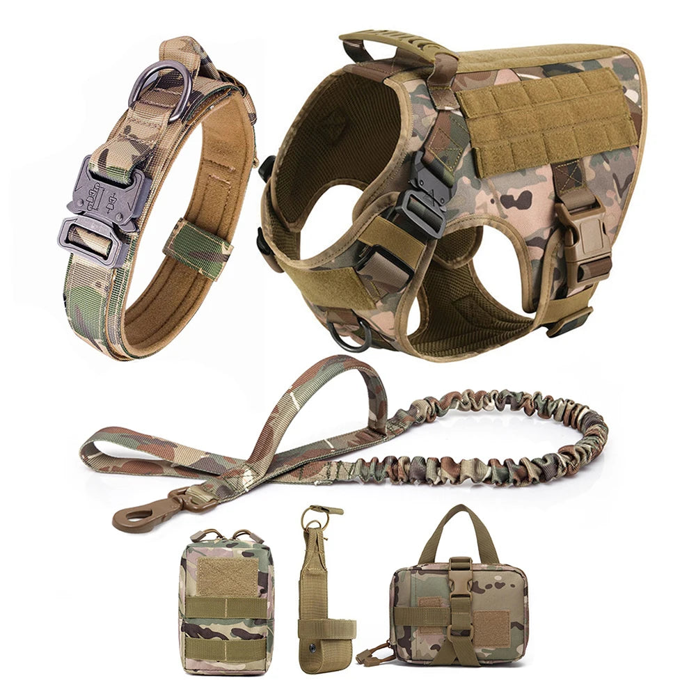 Large Dog Harness Collar Leash Molle Pouches